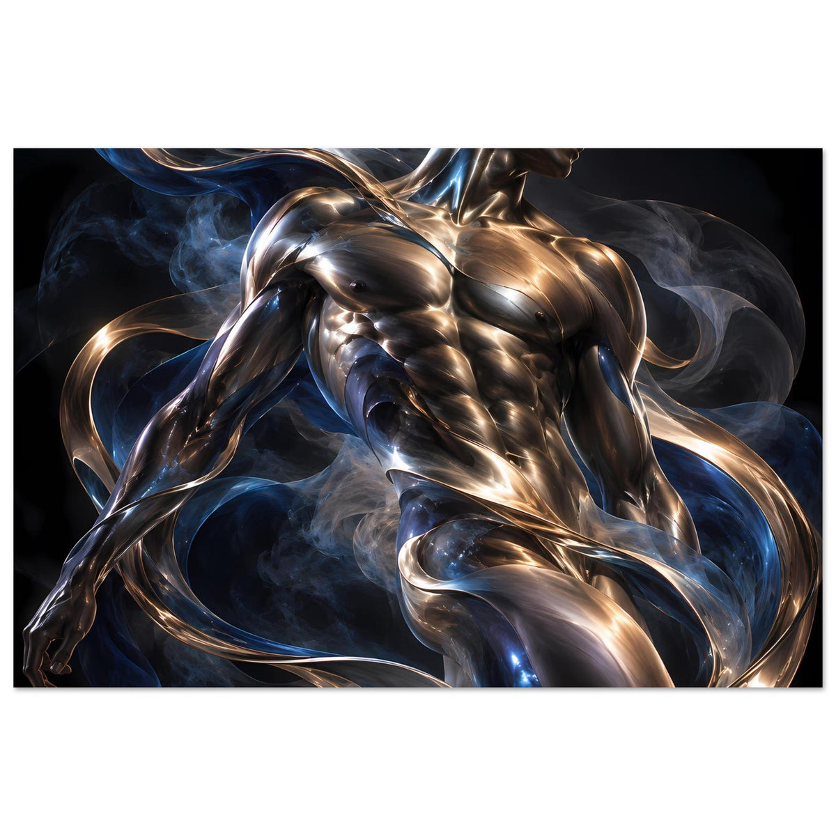 Horizontaler Poster: Metallskulptur mit goldenen Glanzkanten und blauem Rauch