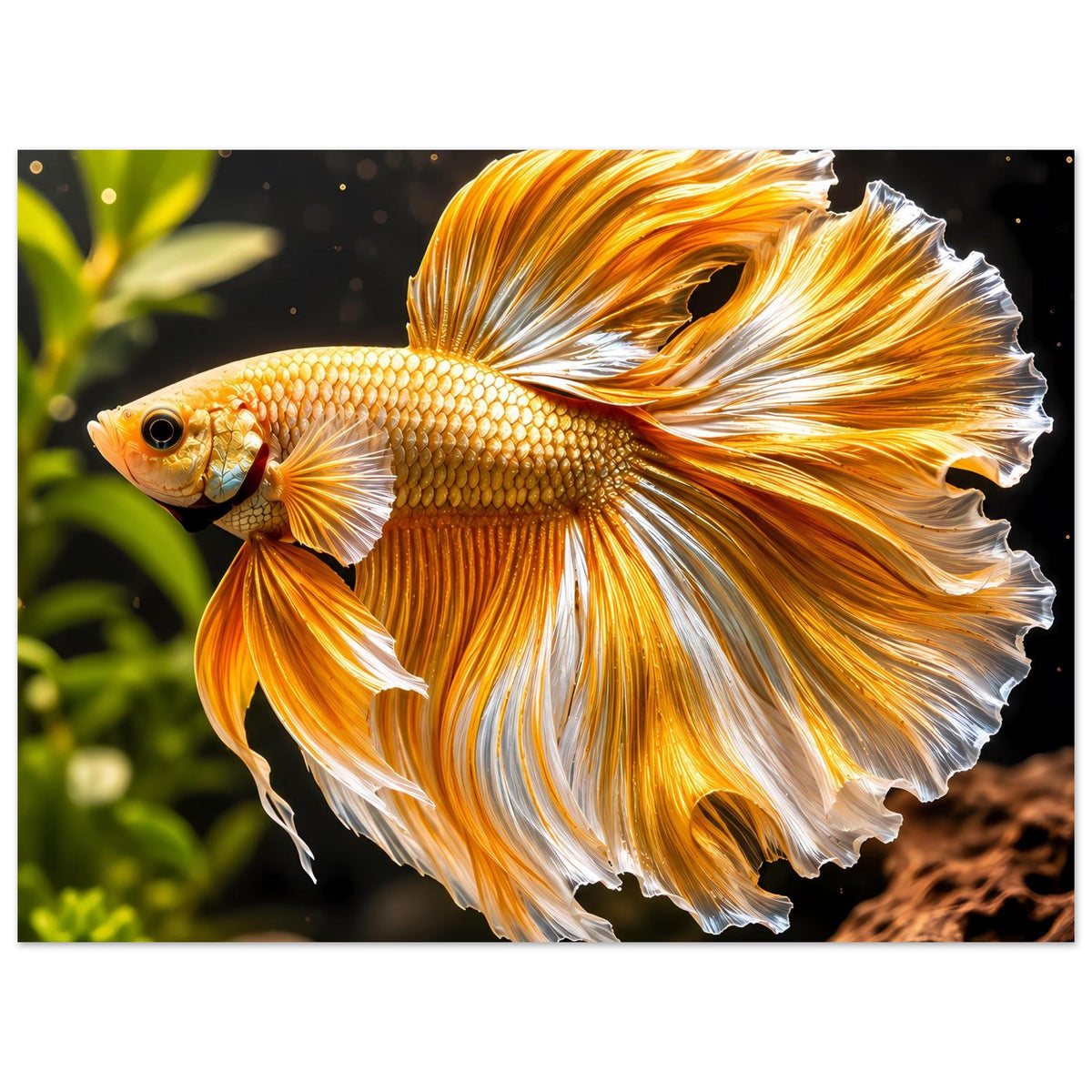 Poster mit goldenem Kampffisch und langen orange-goldenen Flossen mit weißen Akzenten