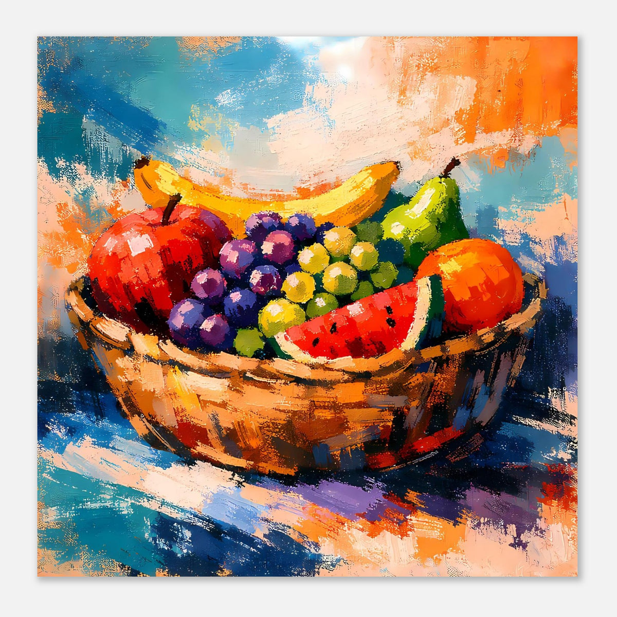 Nahansicht-Poster: bunter Früchtekorb mit Beeren und Melone in Pinselstrich-Optik
