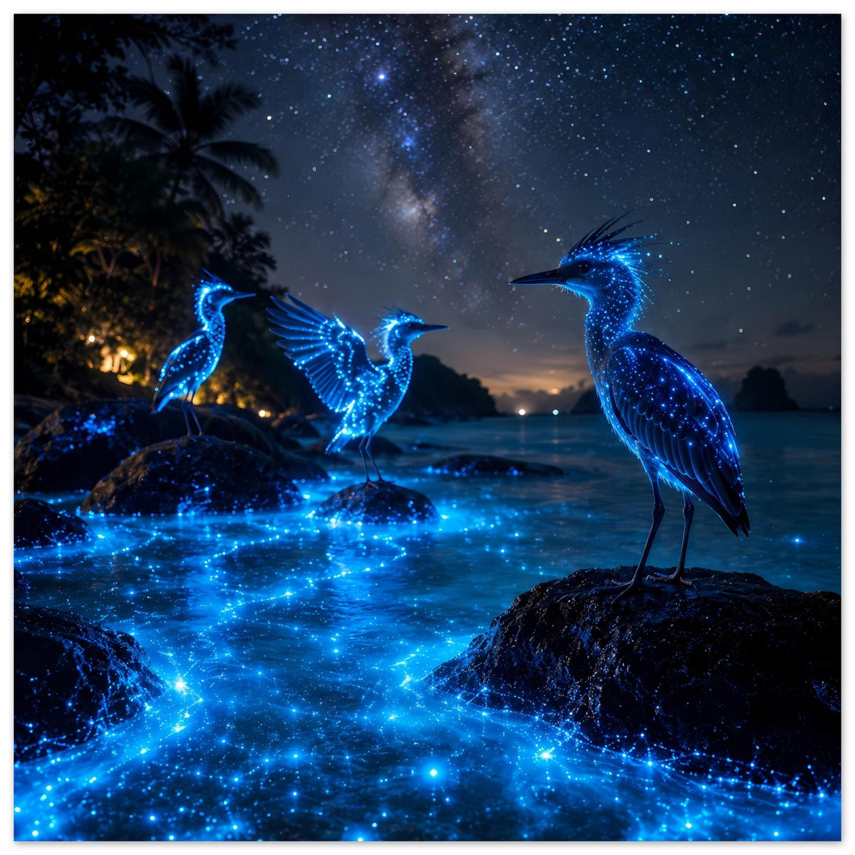 Poster mit drei blau leuchtenden Nachtvögeln auf Felsen, Sternen-Galaxie-Licht im Wasser