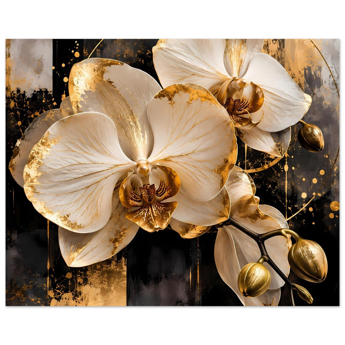 Orchideenposter: weiße Orchideenblüten mit goldenen Rändern und goldfarbenen Kugeln am Zweig