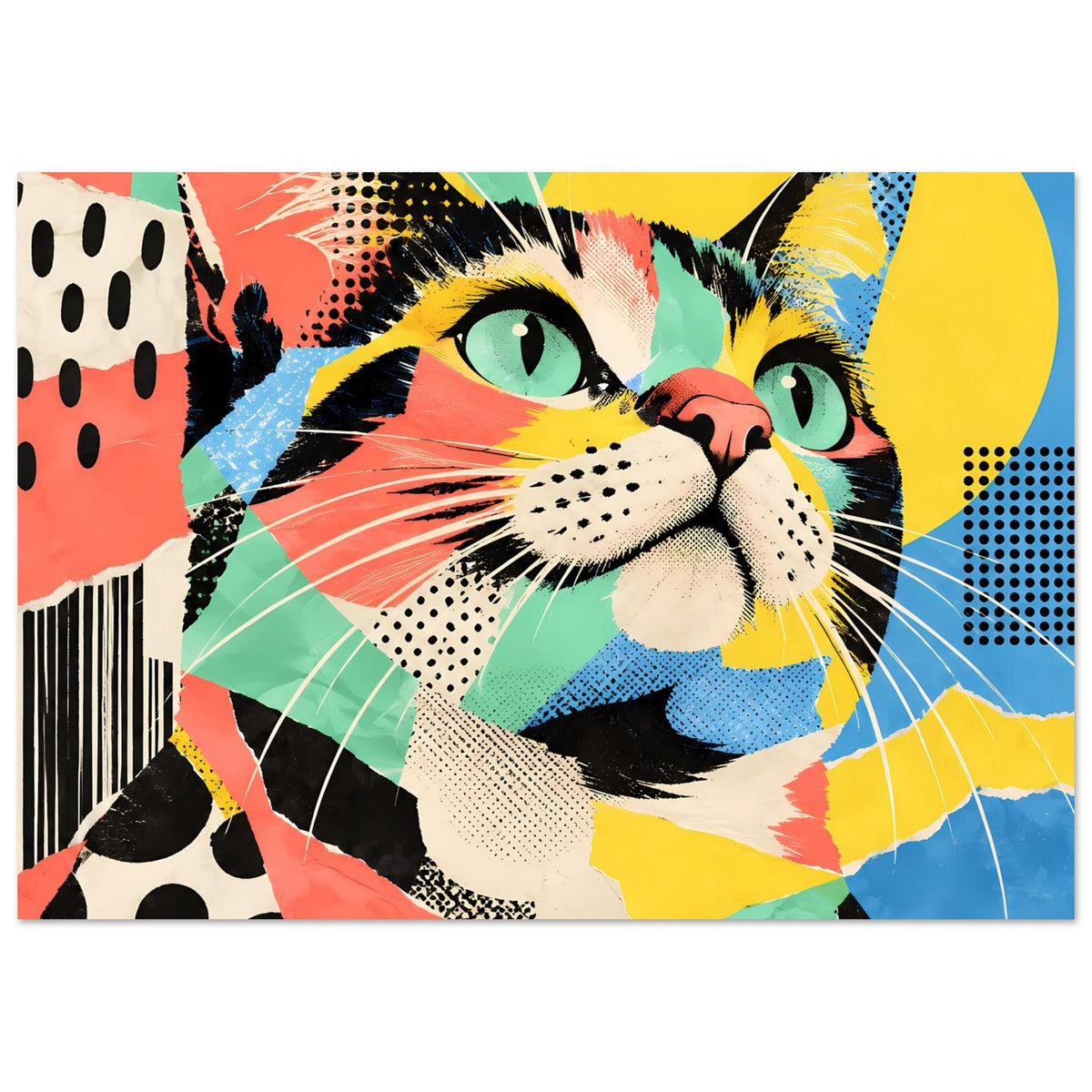 Pop-Art-Katzenposter mit Katzengesicht, Barcode-Element links und schwarze Punktmuster