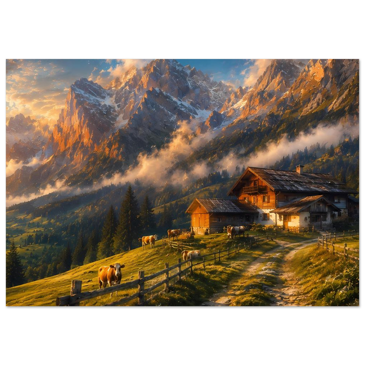 Alpenposter mit Almhütte, Kühen am Zaun und dramatischen Berggipfeln im Abendlicht