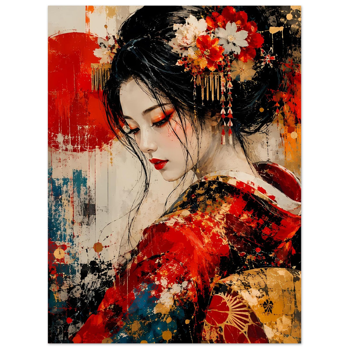 Poster mit japanischer Geisha im roten Kimono, Blumensteckkamm und rotem Lippenstift.