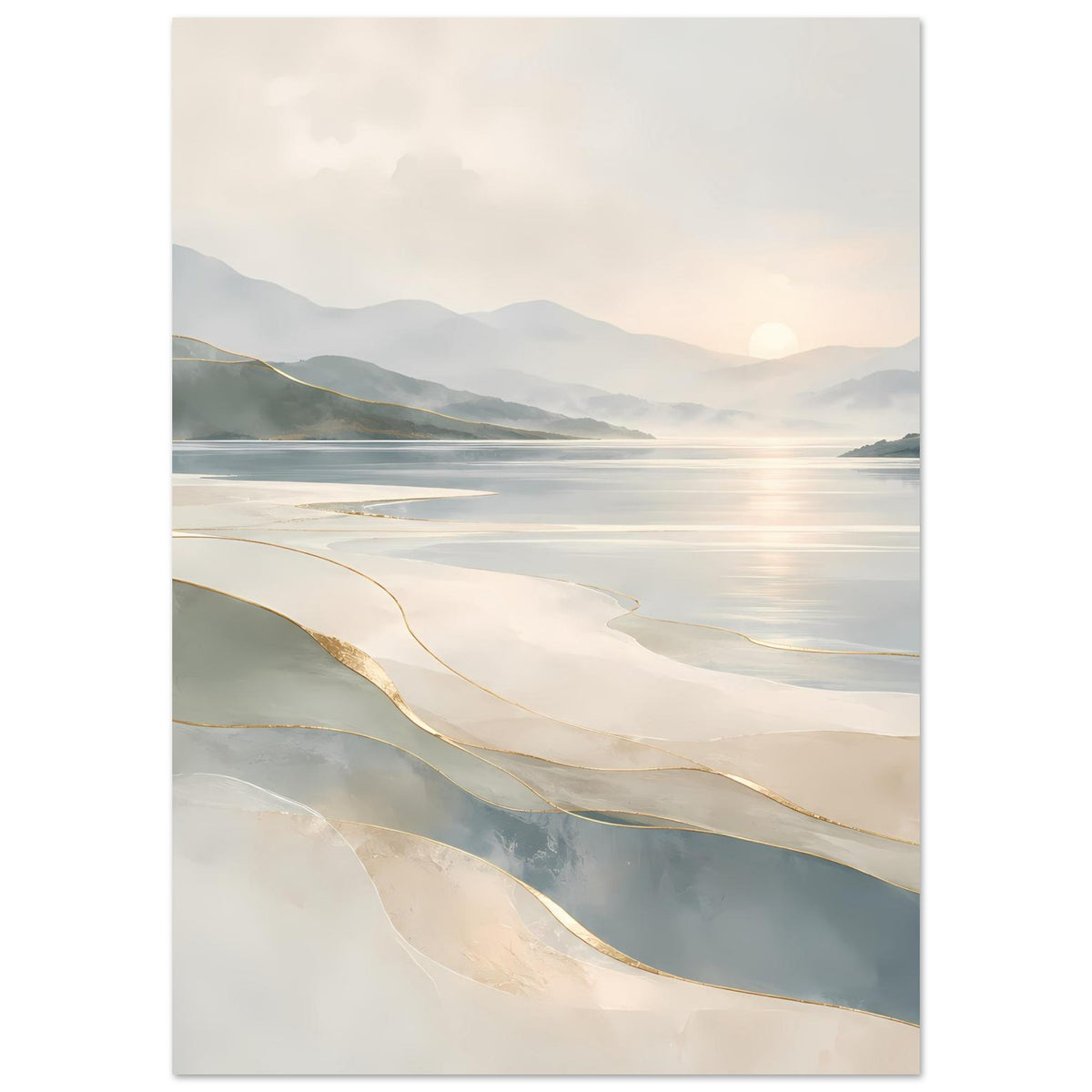 Poster mit Küstenblick, Beige-Grau, goldfarbene Linien über das ruhige Wasser