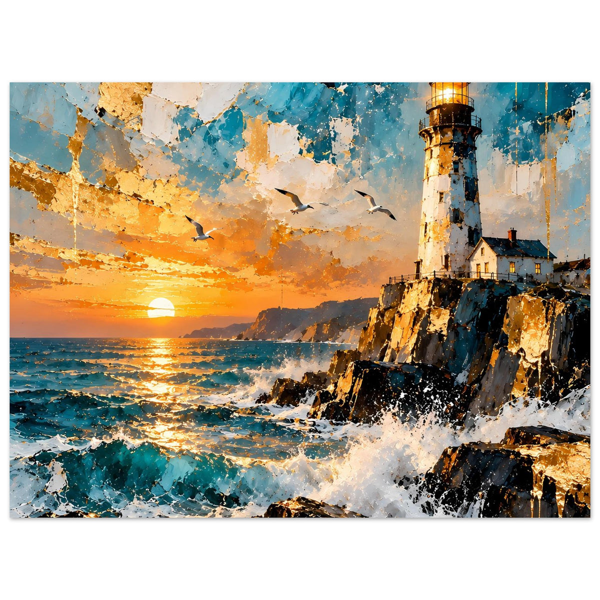 Kunstdruck im Querformat: Leuchtturm am Meer, Sonnenuntergang und aufgewühlte Ozeanwellen