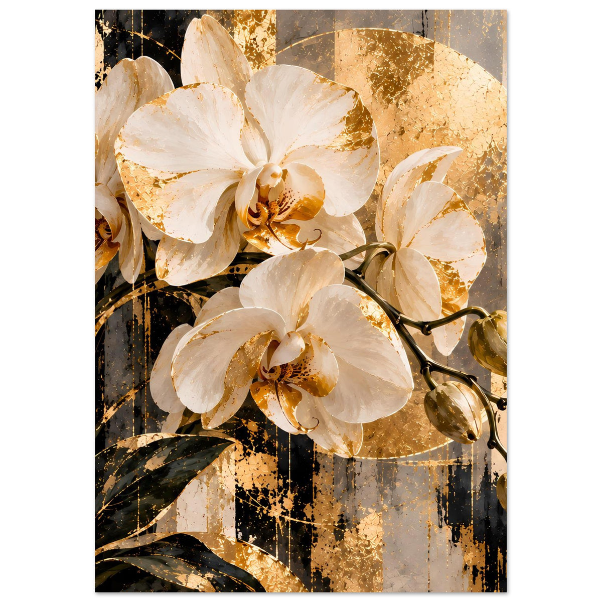Orchideen-Wandposter (vertikal) mit goldenen Akzenten, große cremefarbene Orchidee