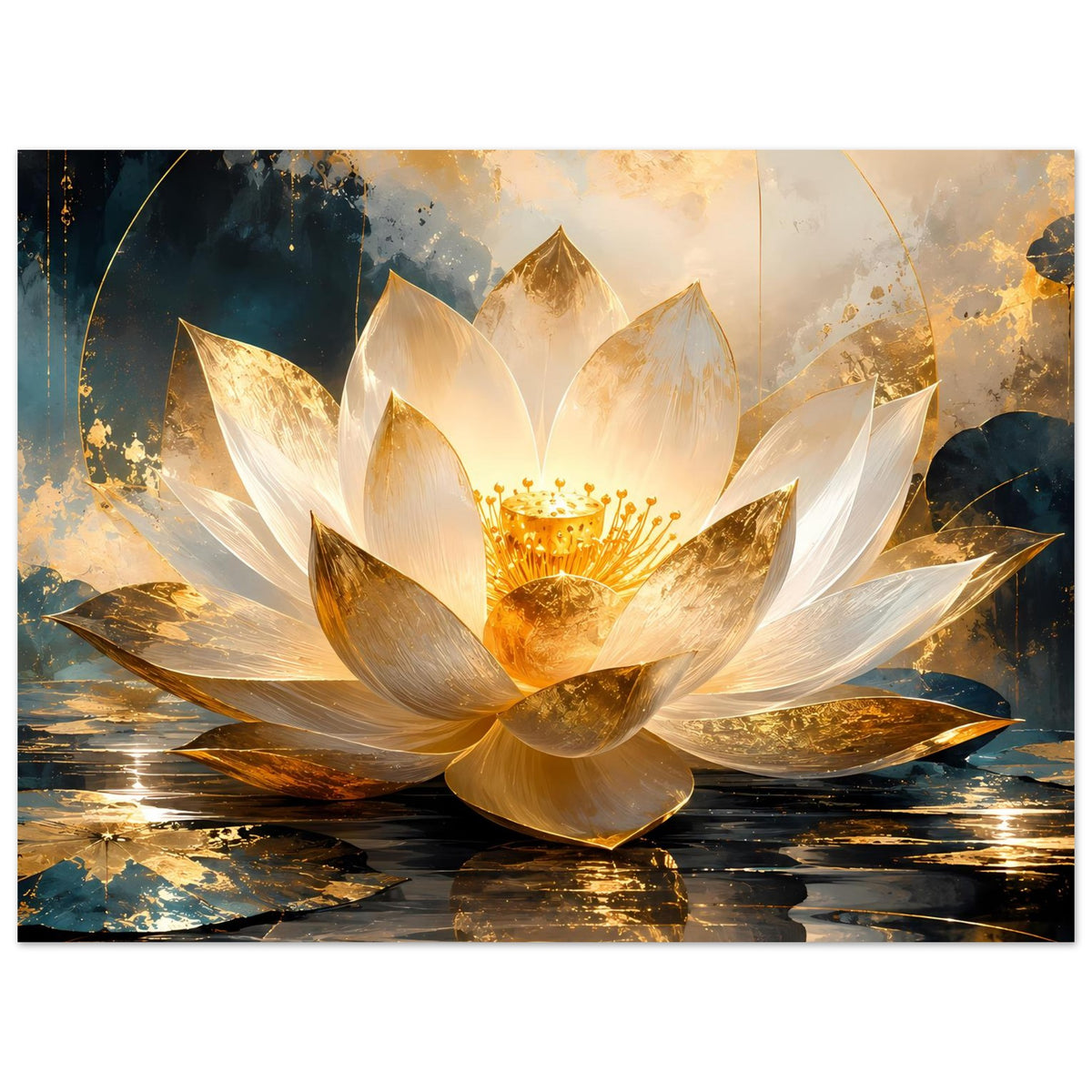 Kunstposter mit gold-weißer Lotusblüte über Wasser, goldene Details und dunkle Reflexe