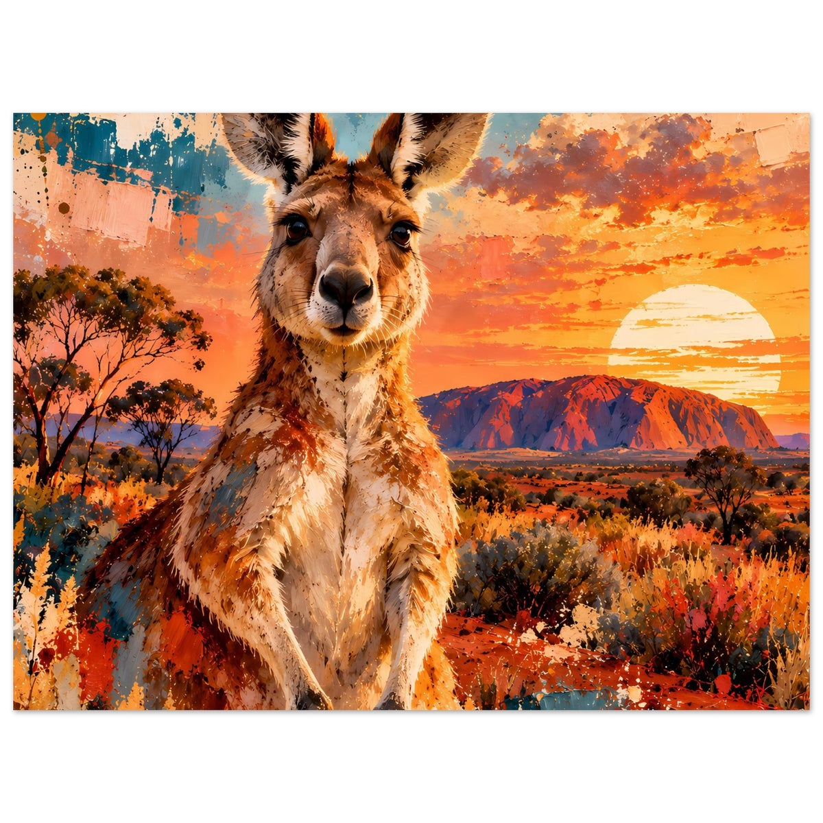 Känguru-Sonnenuntergangsposter auf mattem Papier, breite Ansicht mit Sonnenmotiv im Himmel