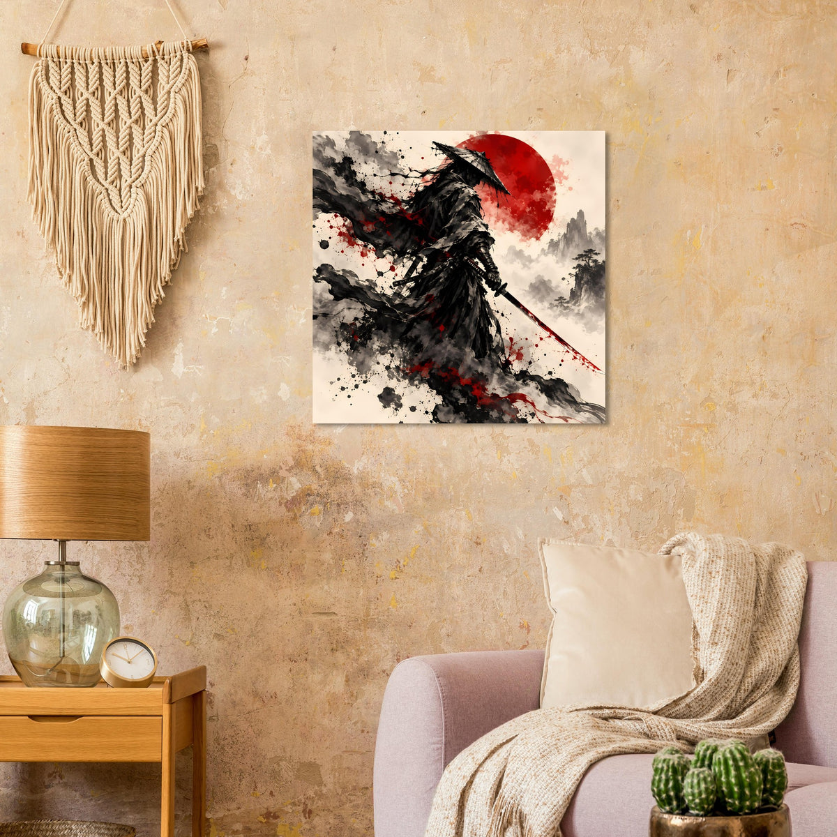 Poster: schwarzer Samuraikrieger mit roter Sonne im Hintergrund, Spritzer-Textur und wehende Umhangform