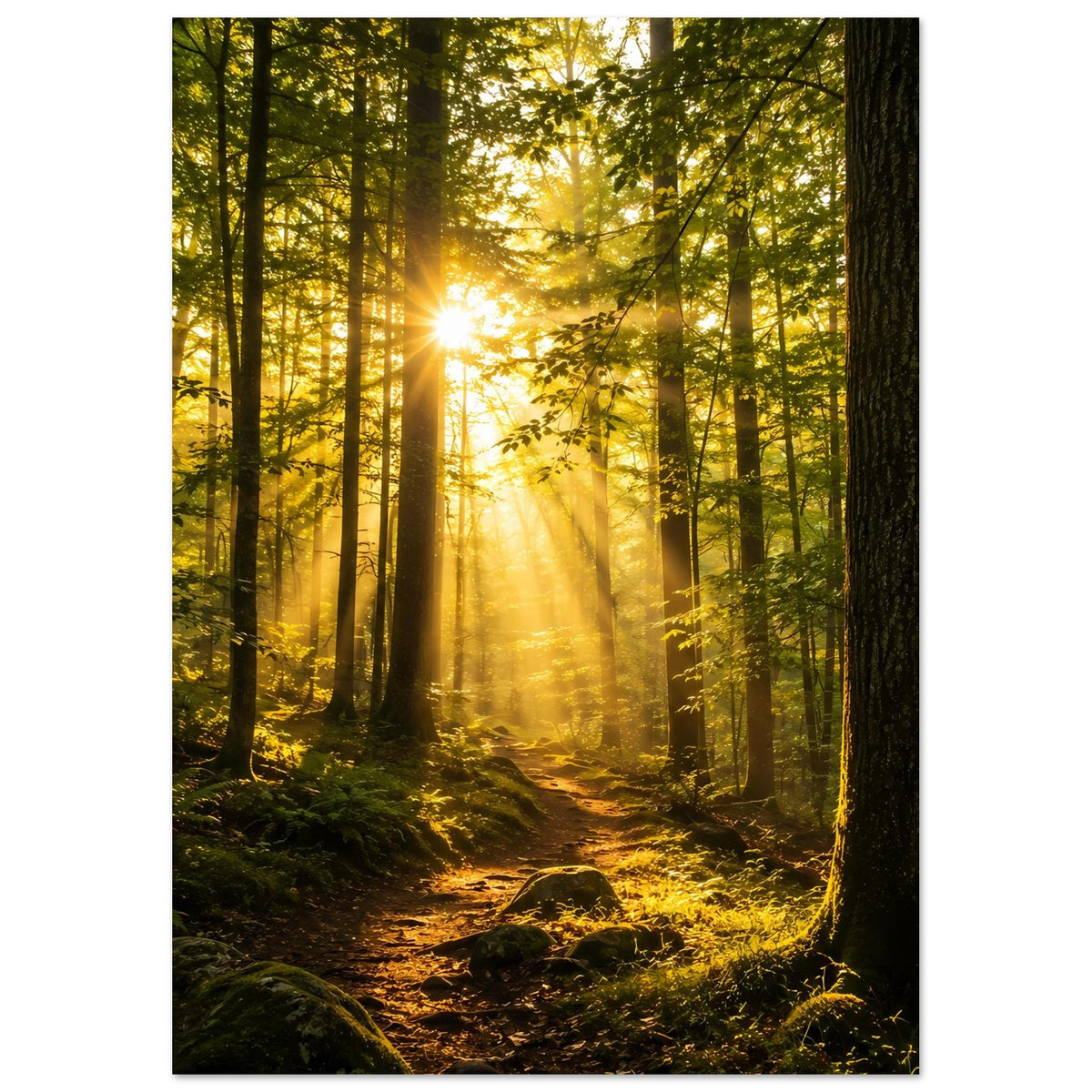 Poster im Hochformat: Waldweg im Sonnenlicht, leuchtende Strahlen zwischen Bäumen