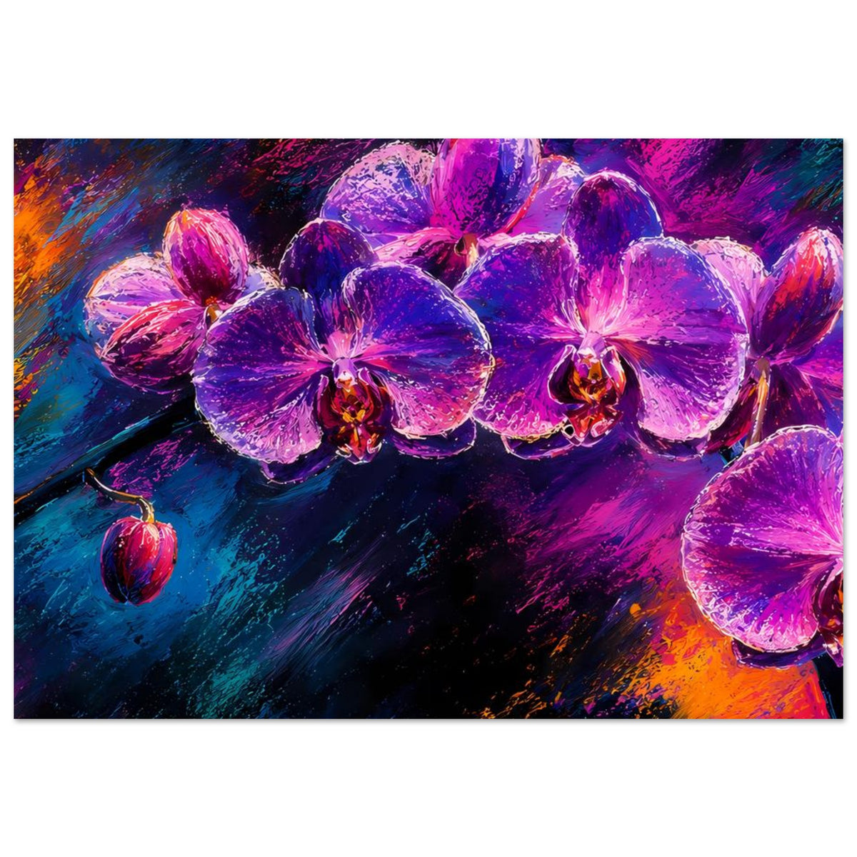 Horizontales Blumenposter mit violetten Orchideen, orange und blau gemalte Farbflecken