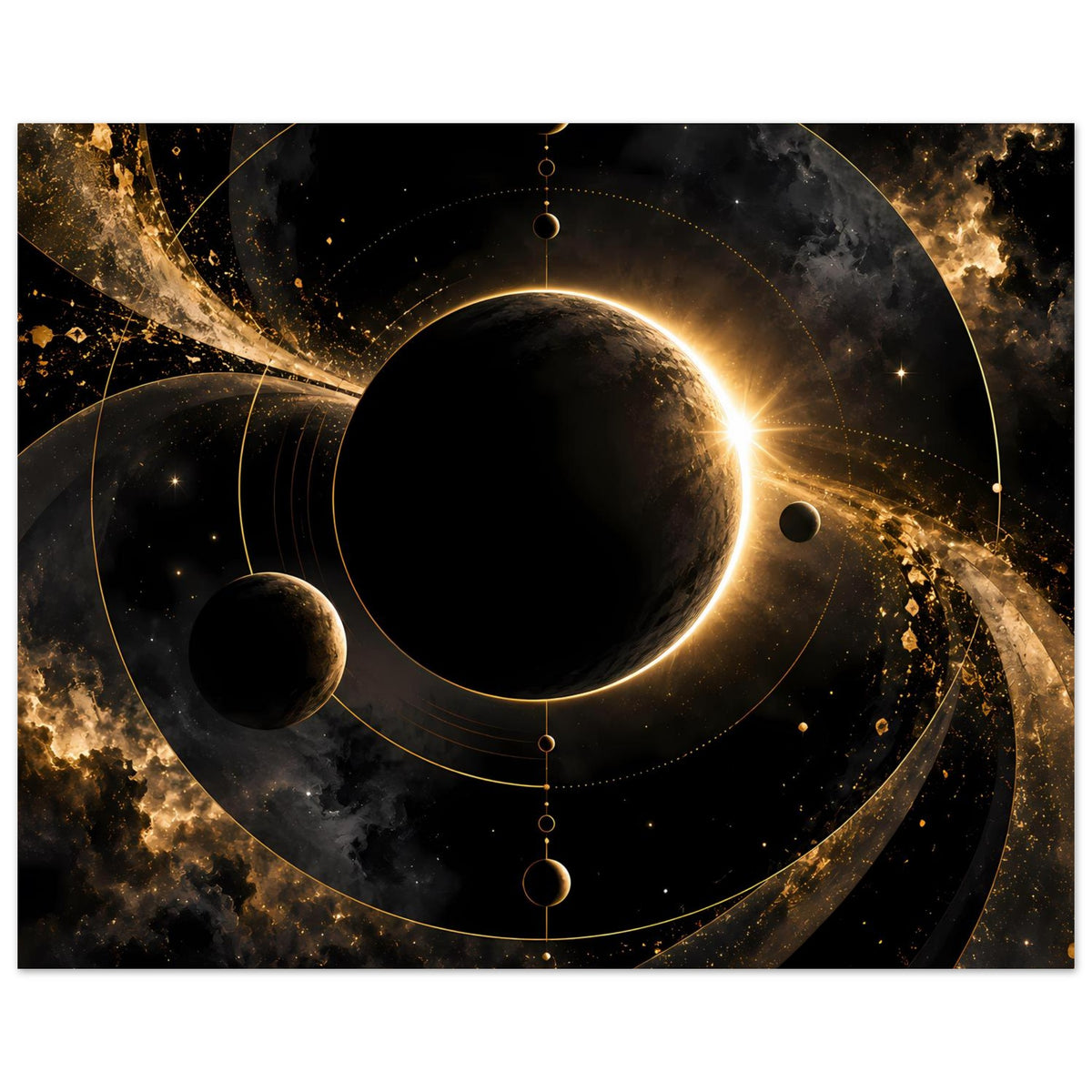 Weltraum-Poster: dunkler Planet mit goldener Leuchtschleife, Punkte und Kreise im Hintergrund