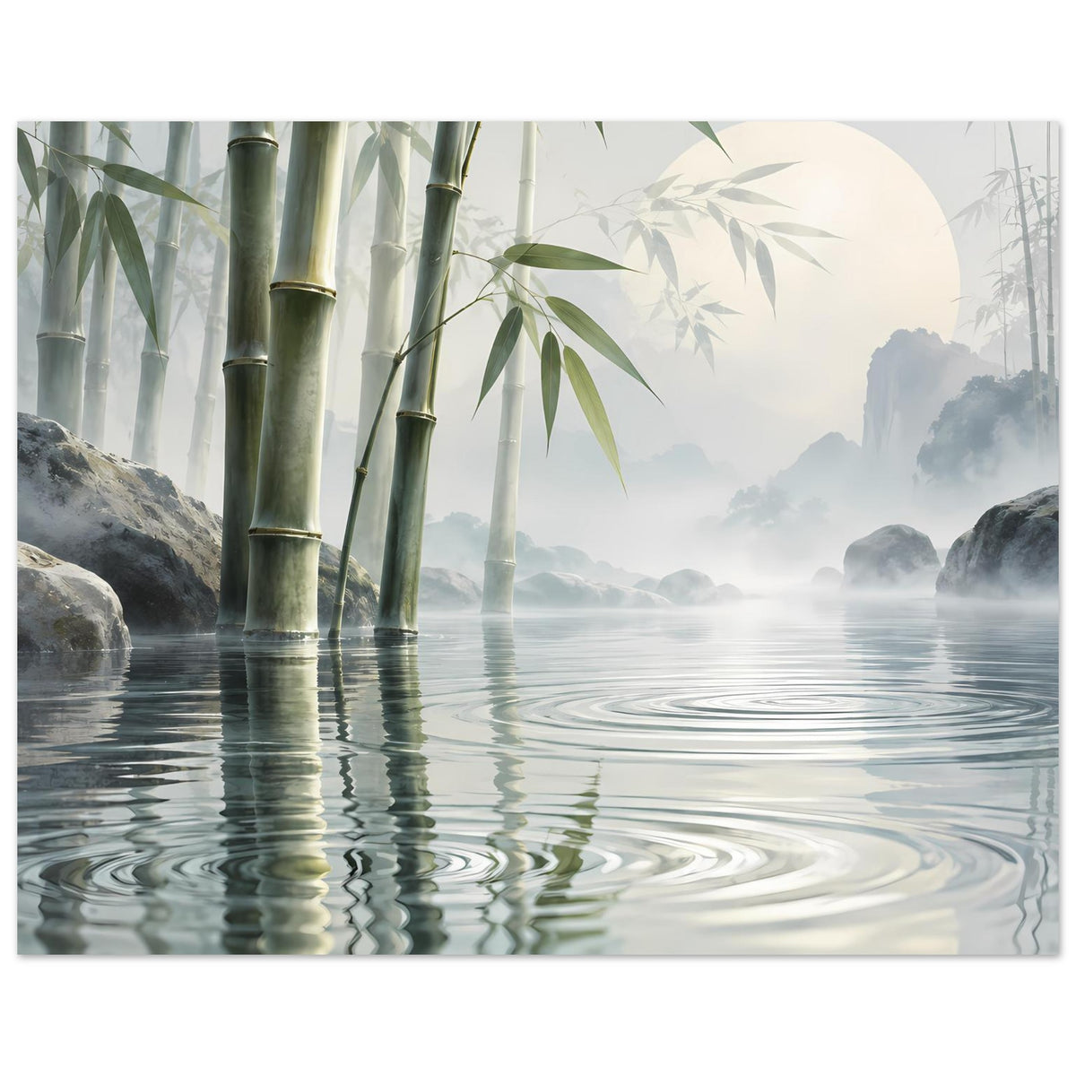 Bambus-Reflexionsposter im Querformat, Bambus links, ruhige Wasseroberfläche mit Reflexen
