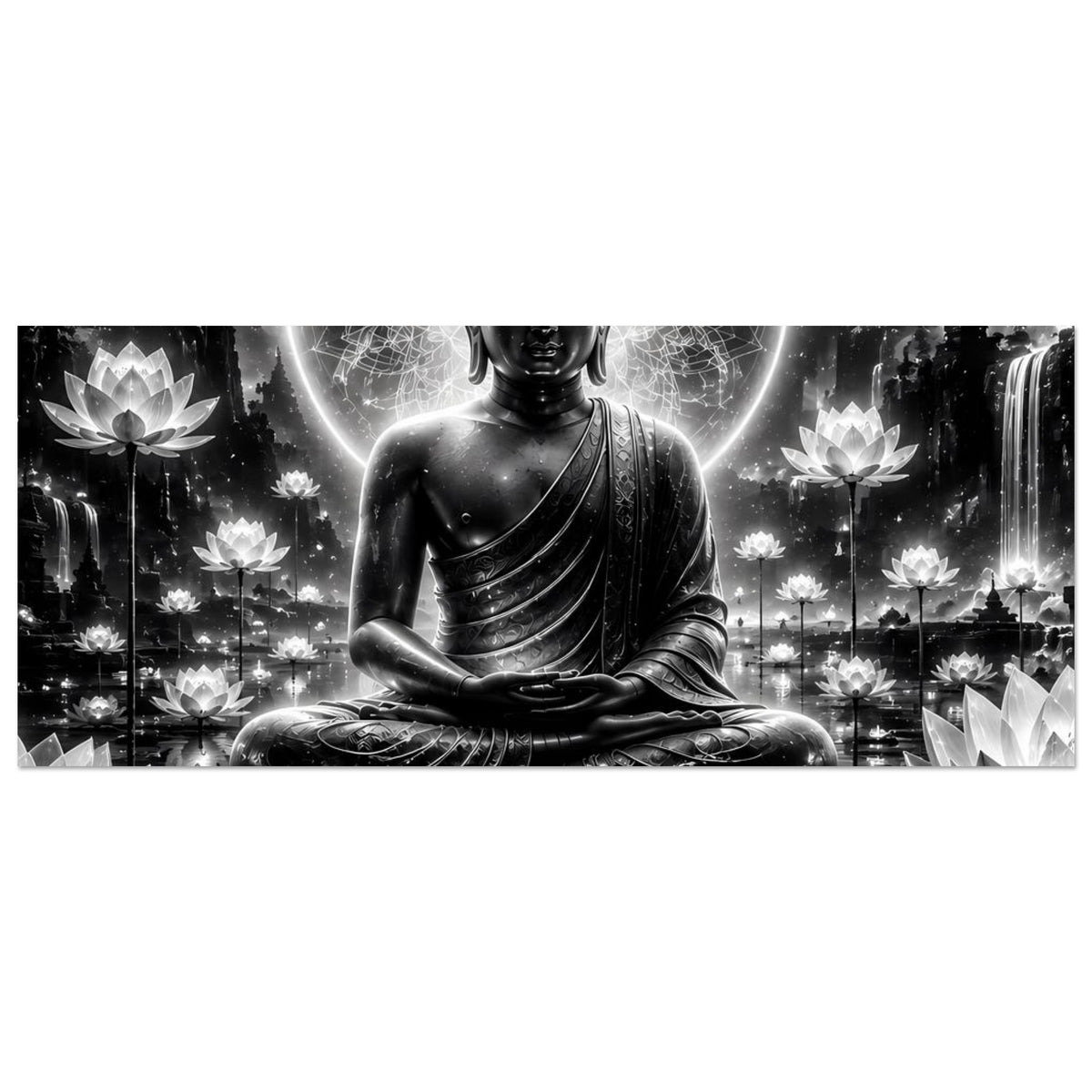 Horizontaler Buddha-Serenity-Poster-Ausschnitt mit meditierendem Buddha und Lotosblättern