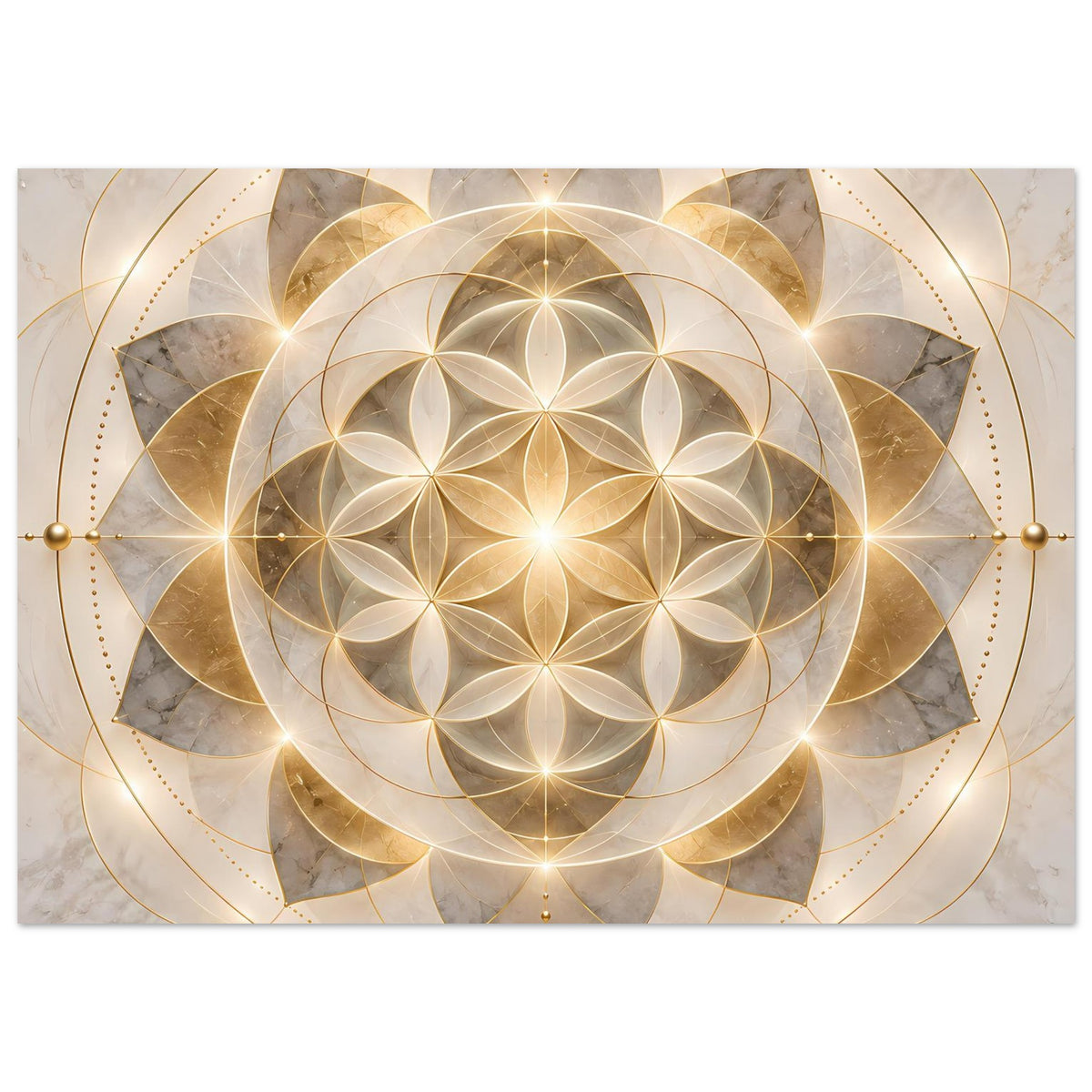 Goldenes Mandala-Ornament-Poster mit strahlenden Kreisblüten und goldenen Linien