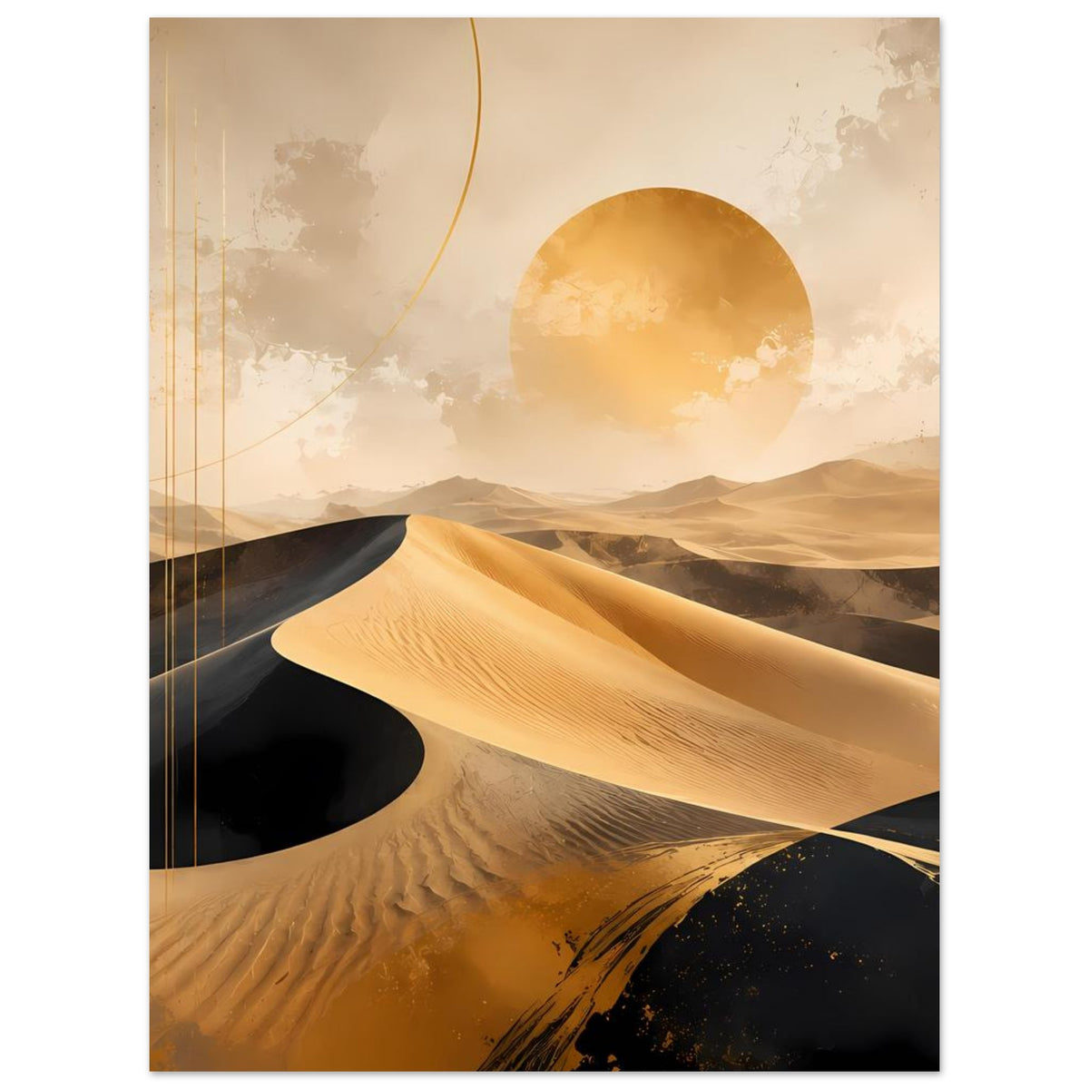 Wüstenposter mit goldenen Dünen, schwarzem Sand und großer Sonnenscheibe