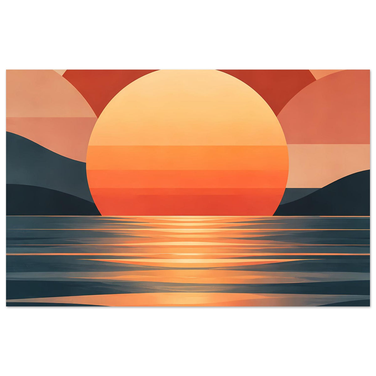 Gerahmtes Poster, Sonnenuntergang an der Küste: große Sonne in Rot-Orange, Wasserstreifen