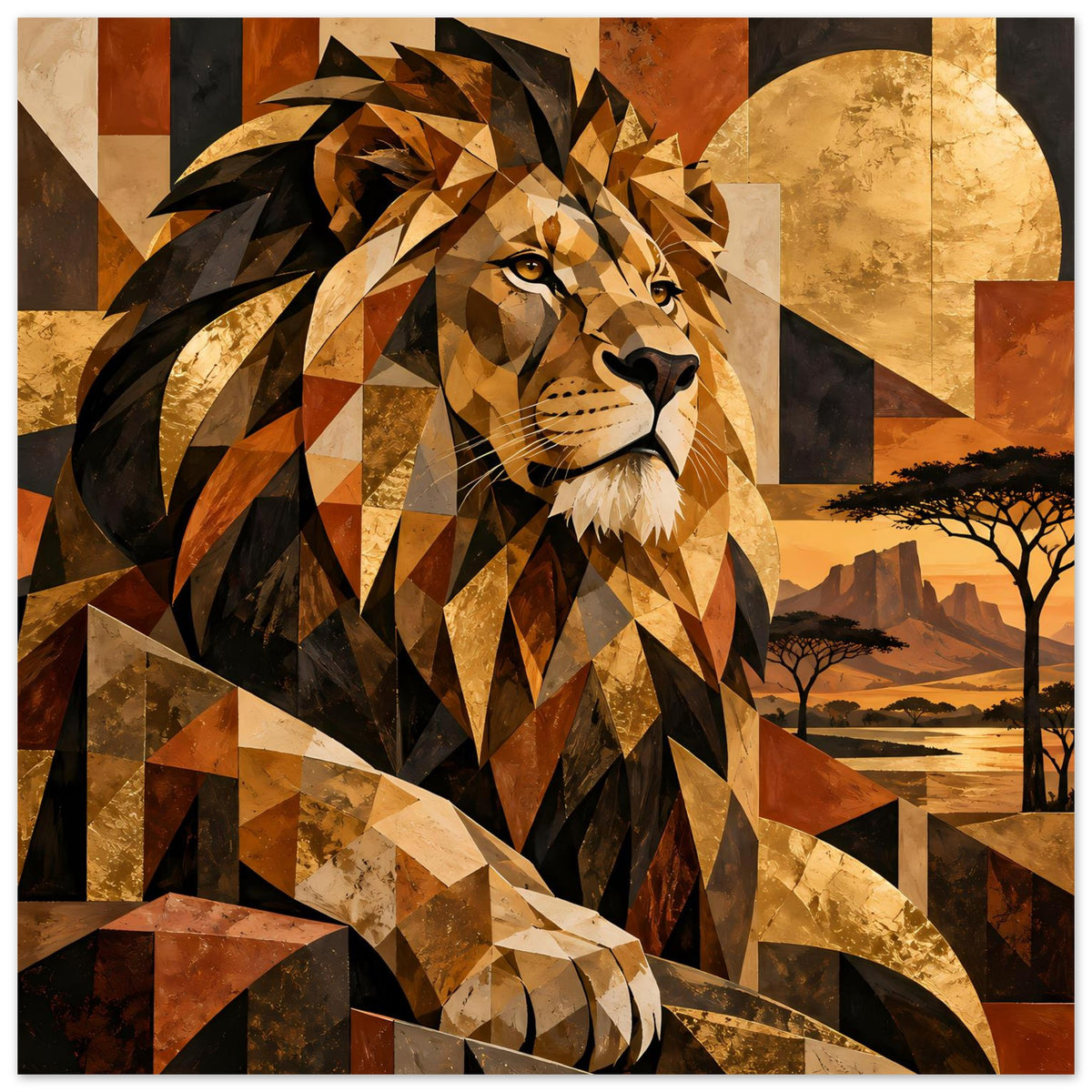 Geometrisches Löwenporträt-Poster mit warmen Erdtönen, goldbraunem Auge, Mosaikstil