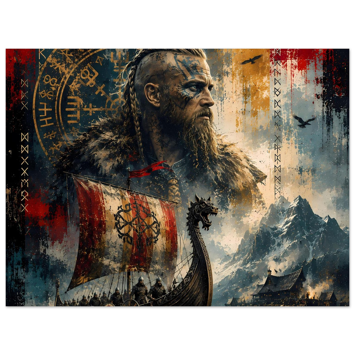 Wikinger-Legendenposter mit bärtigem Kriegerprofil, Drakkar und runenverzierten Symbolen