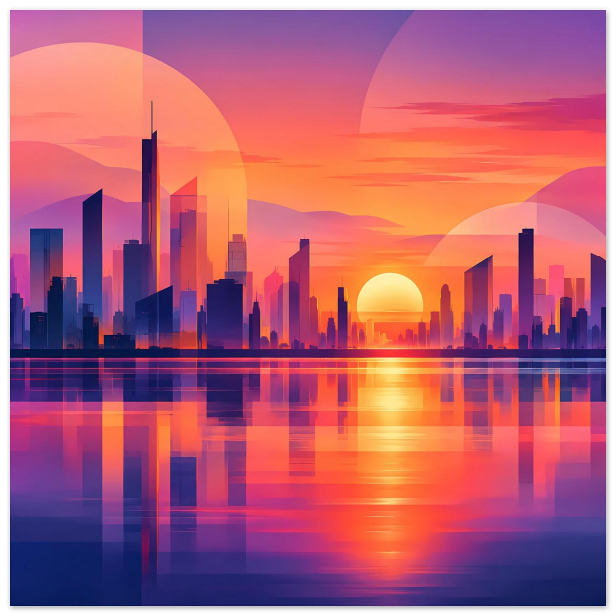 Stadtposter im Querformat: Neon-Skyline bei Sonnenuntergang mit spiegelnder Wasserfläche