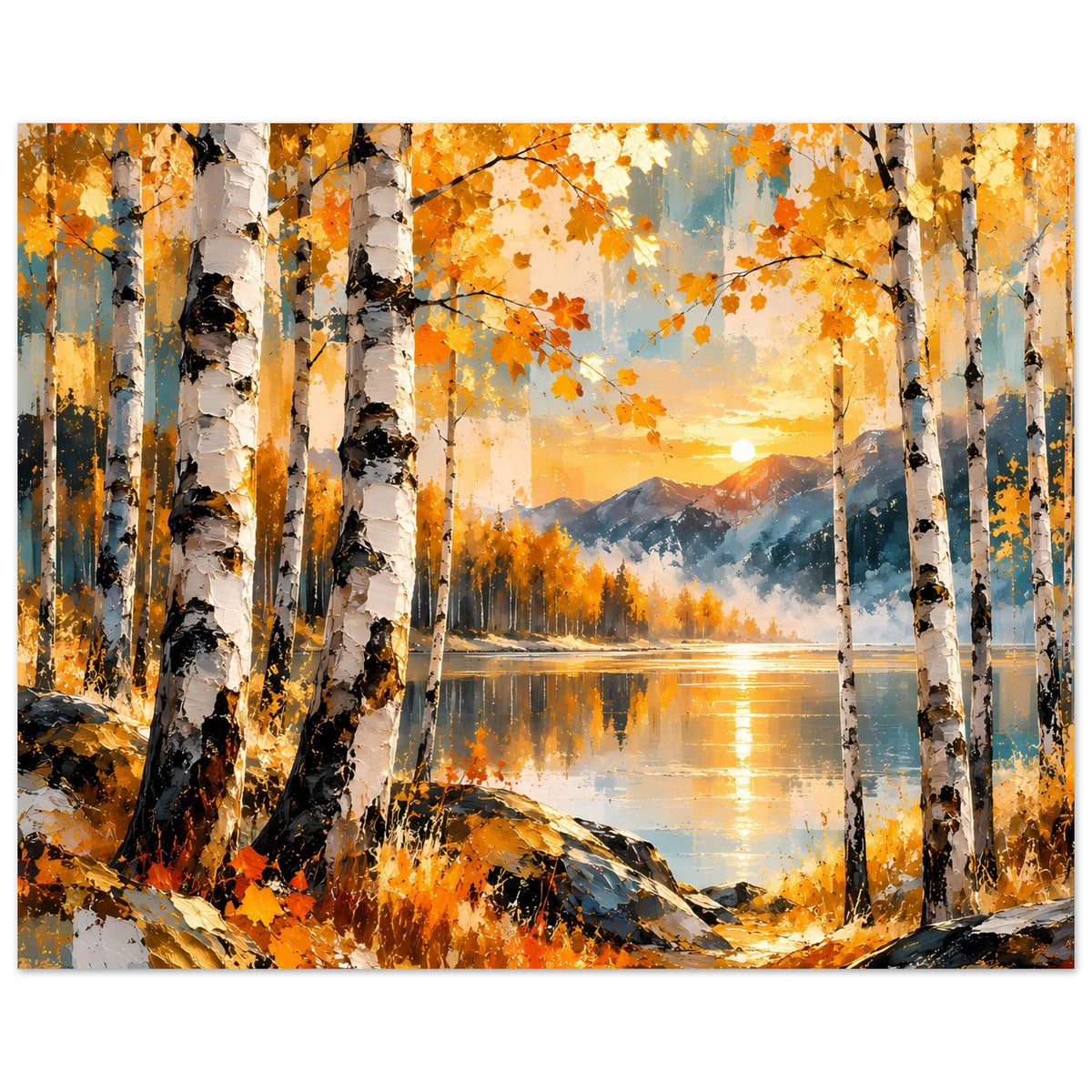 Herbstlandschafts-Poster im Querformat: Birken am Ufer, goldene Farben, Berge im Hintergrund