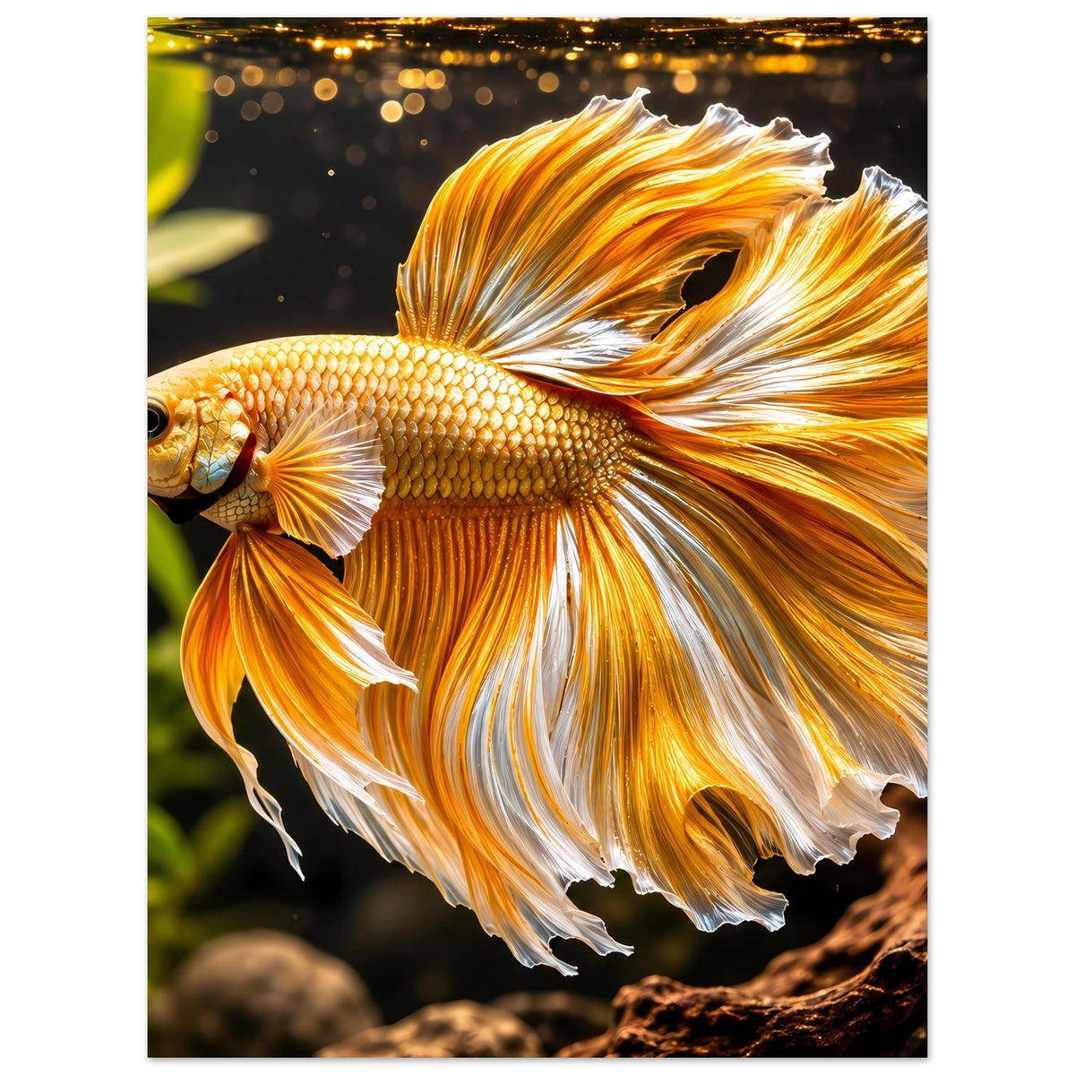 Poster mit Betta-Kampffisch in Goldtönen, große Flossenfächer, seitliche Perspektive