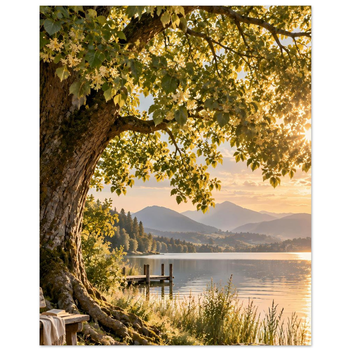 Naturposter mit großem Baumstamm, gelbem Laub, See und Holzsteg im Abendlicht
