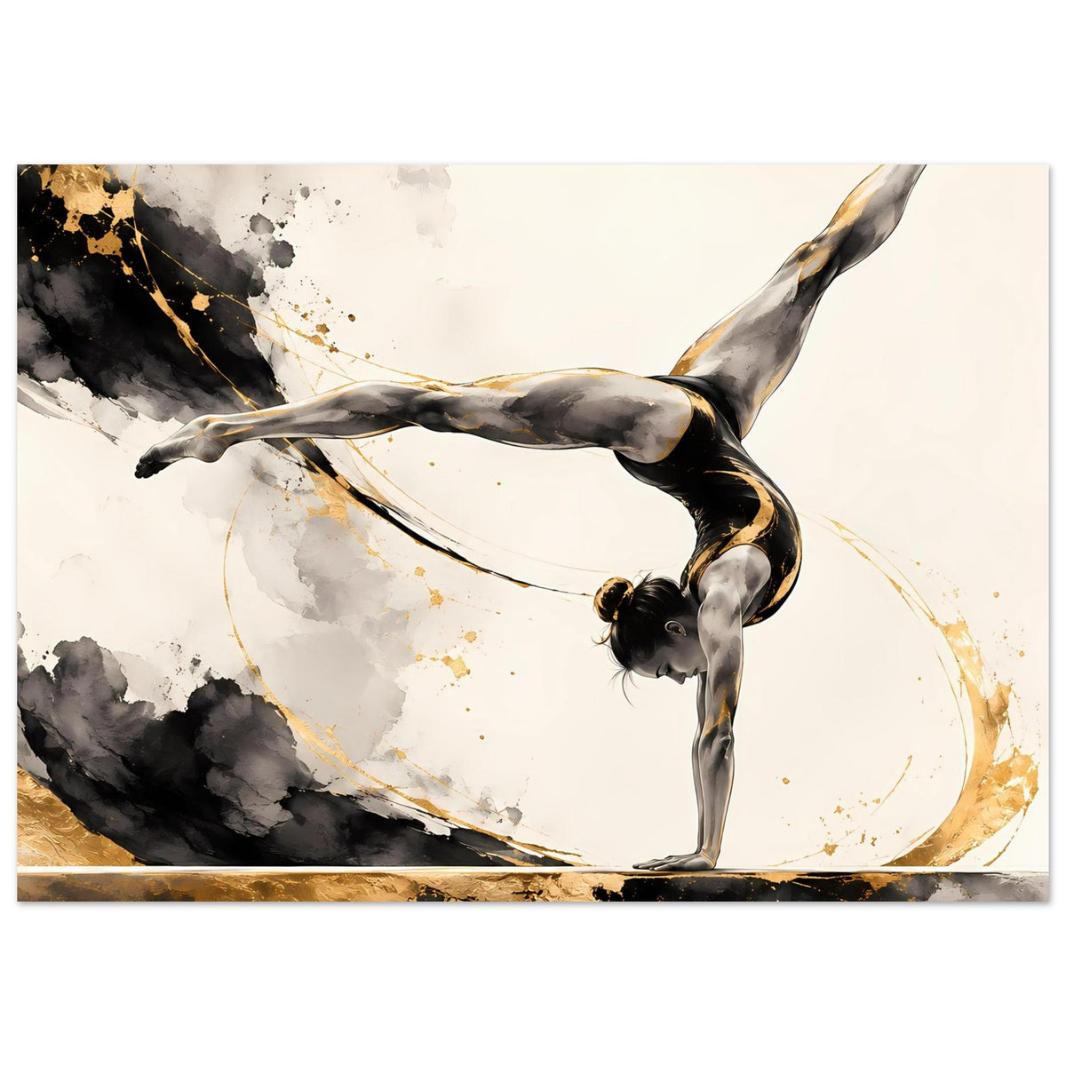 Horizontales Gymnastikposter mit Handstand-Turnerin, schwarze und goldene Sprühflecken