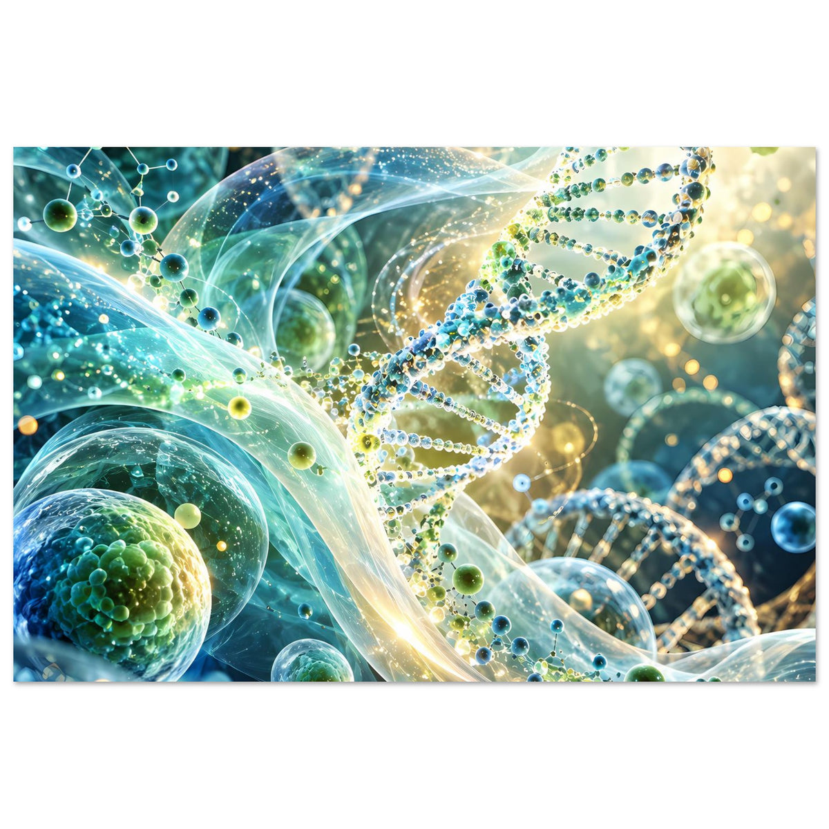Leuchtendes DNA-Doppelhelix-Biotech-Poster, breite Aufnahme mit grünen Zellkugeln