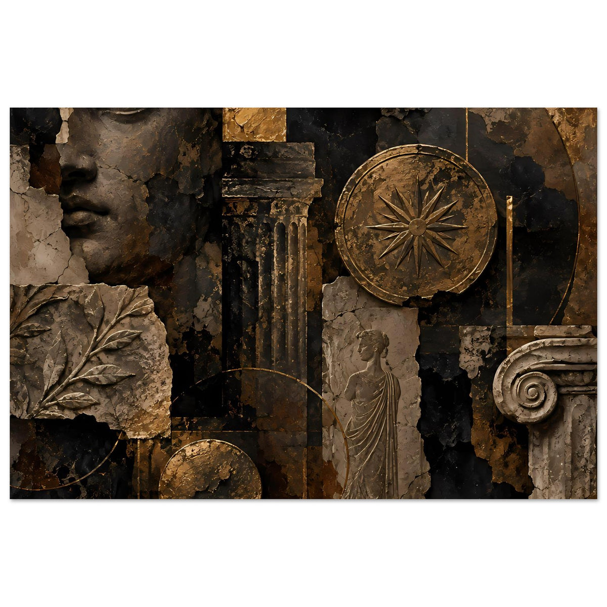 Wandposter mit antikem Relief: Büste links, Scheibe oben, Statue & Säule in Bronze/Schwarz