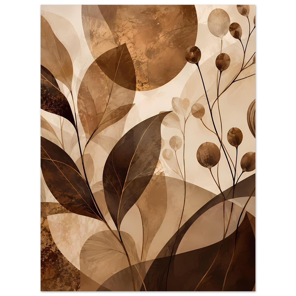 Blumenposter mit Blättern und kugeligen Blüten an Stielen, warme Braun- und Beigetöne