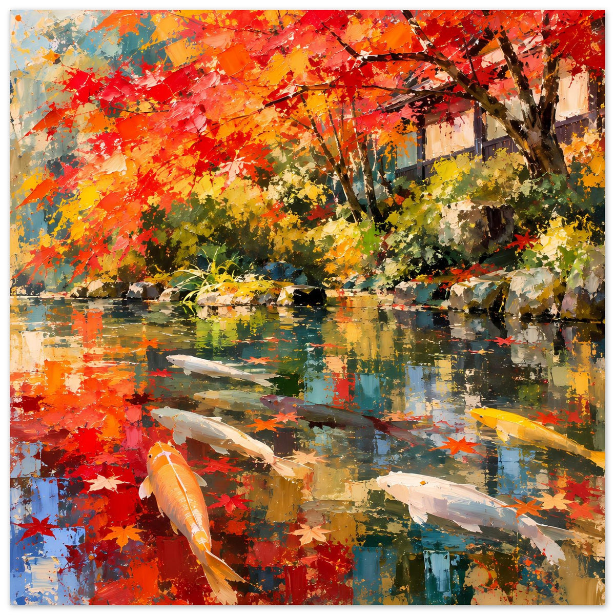 Herbst-Koi-Teich Poster: bunte Blätterbäume, Wasserreflexionen und Koi-Fische im Teich