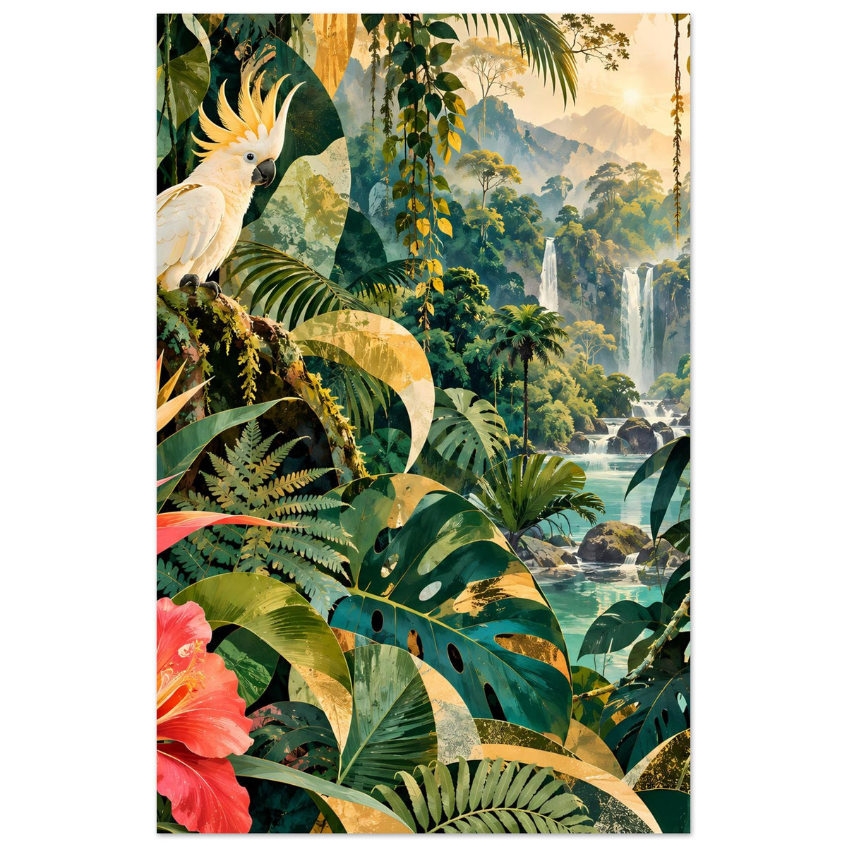Dschungel-Poster im Hochformat: Kakadu und Palmenblätter, rote Blüten unten