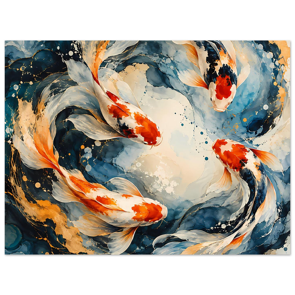 Japanisches Koi-Fisch-Poster im Querformat: abstrakte Wasserbewegung mit drei Koi
