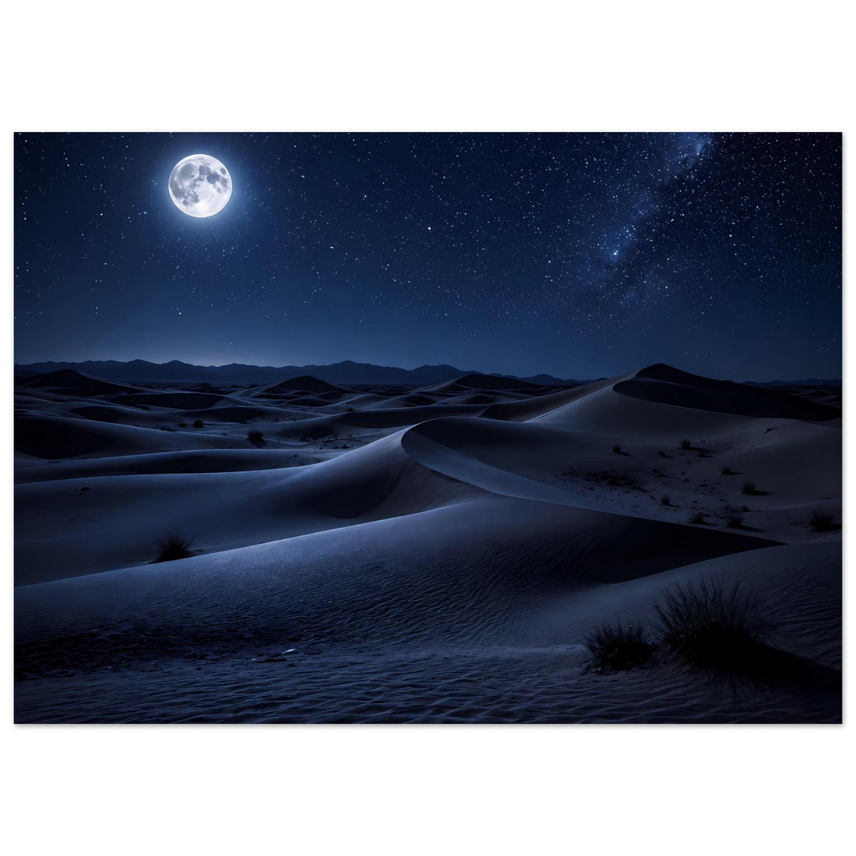 Wüstenlandschafts-Poster mit leuchtendem Mond, Sanddünen und sternenreichem Nachthimmel