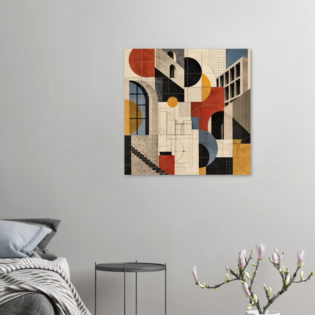 Kunstposter an der Wand: geometrische Architektur in Terrakotta, Schieferblau und Schwarz