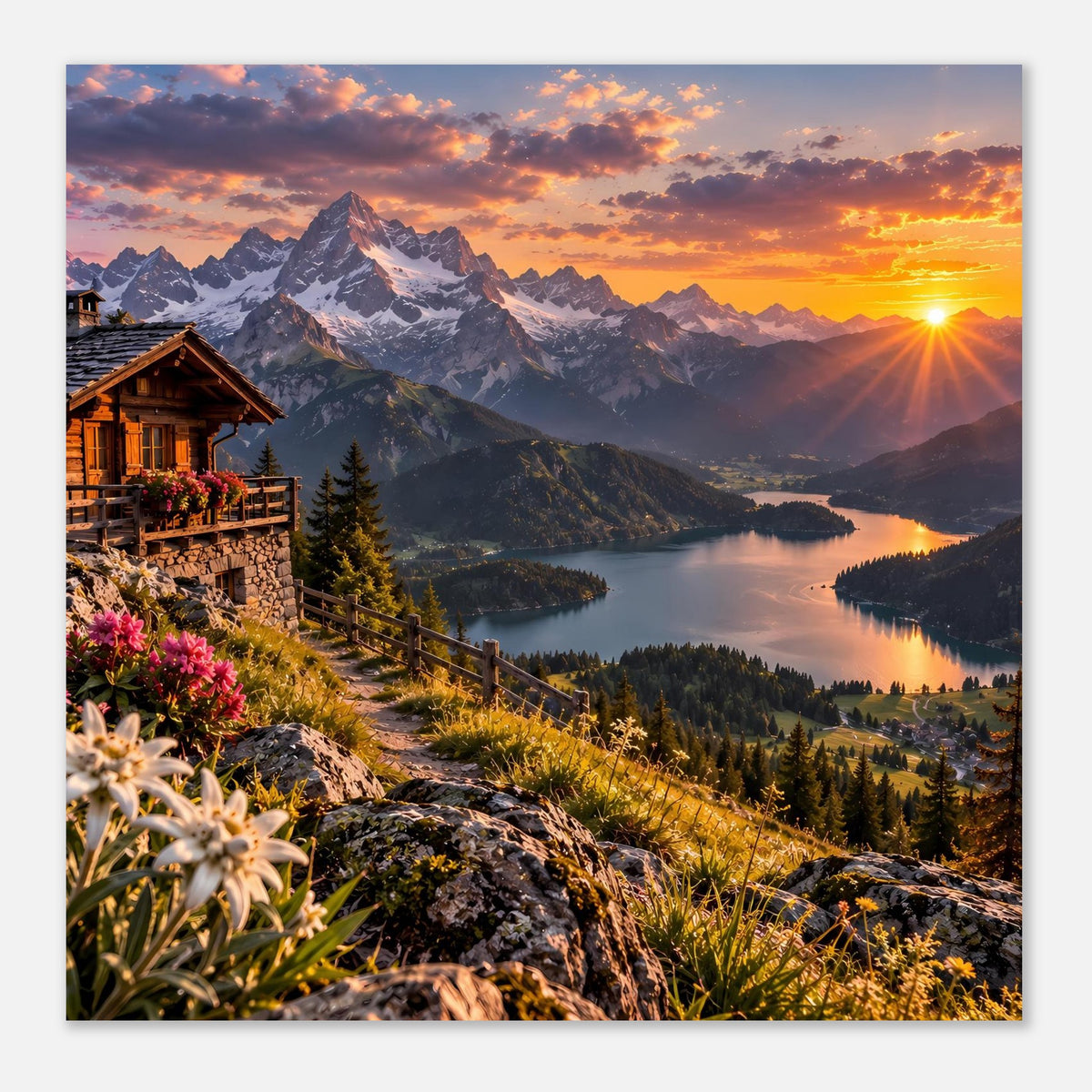 Landschaftsposter mit alpiner Hütte, Bergen und Sonnenaufgang, quadratisch, Nahansicht