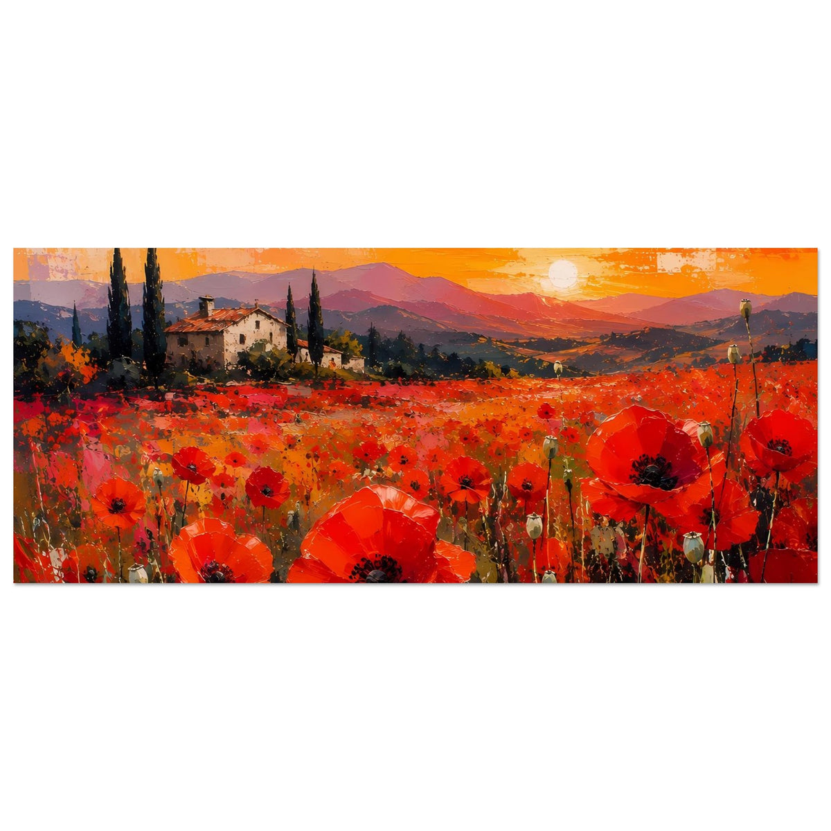 Querformat-Poster: roter Blumenstreifen am Abendhimmel mit Landschaft und Sonnenball