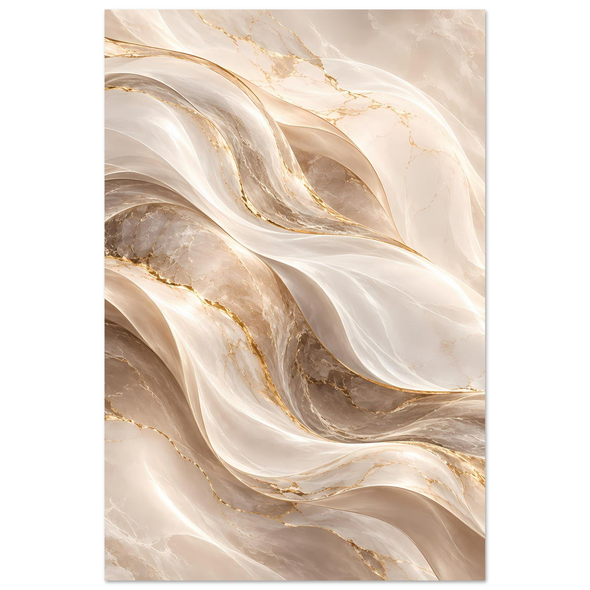 Abstraktes Wellen-Poster vertikal: Creme, Gold und Taupe mit eleganten marmorierten Verläufen.