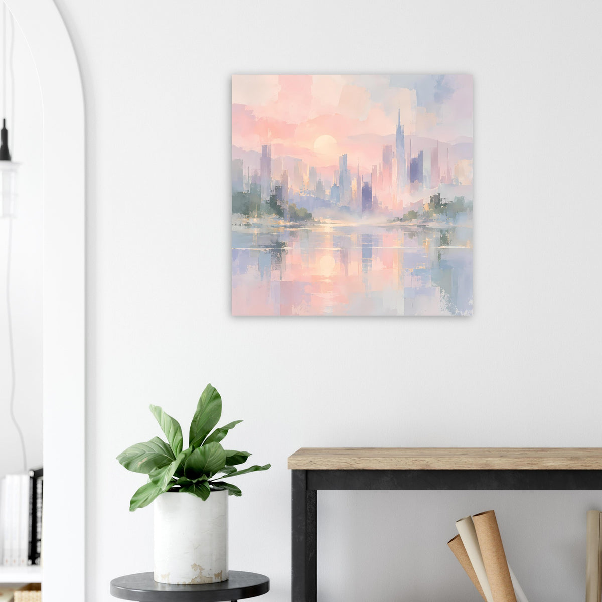 Abstraktes Poster mit pastellfarbener Skyline und Reflexion, rechteckig