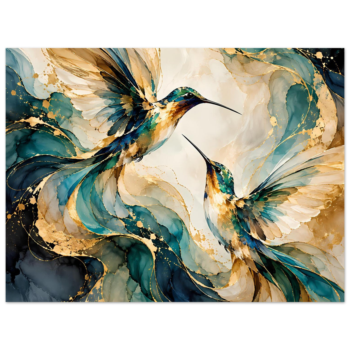Vogelposter im Querformat mit zwei Kolibris, goldene Akzente und Blautöne