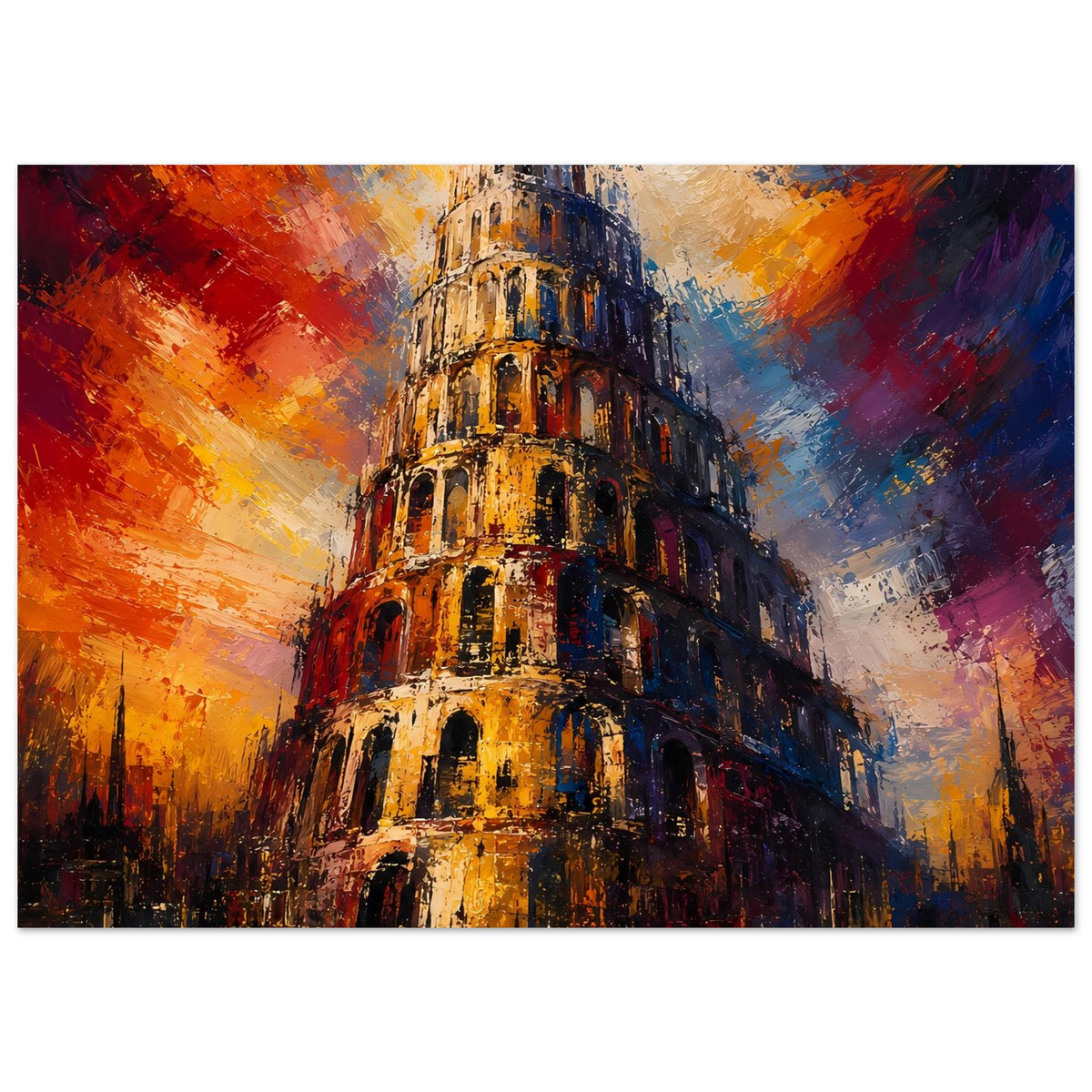 Poster im Querformat: Turm von Babel, leuchtende Orange- und Blautöne, farbige Strukturen.