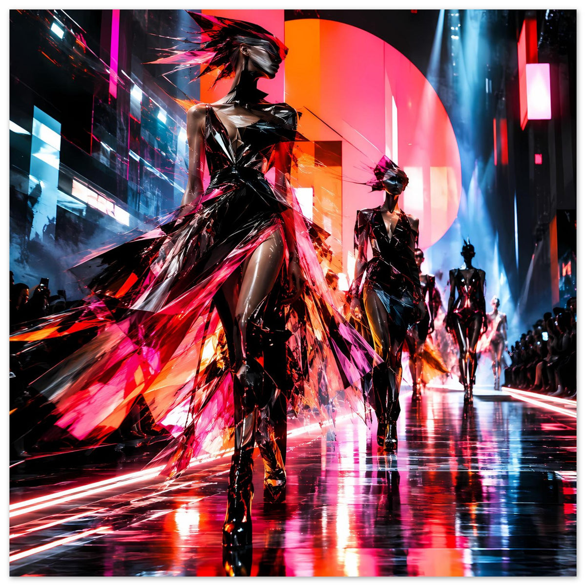 Neon-Fashion-Poster (hochkant): Silhouetten von Models auf dem Laufsteg, Schwarz mit Neon-Rot