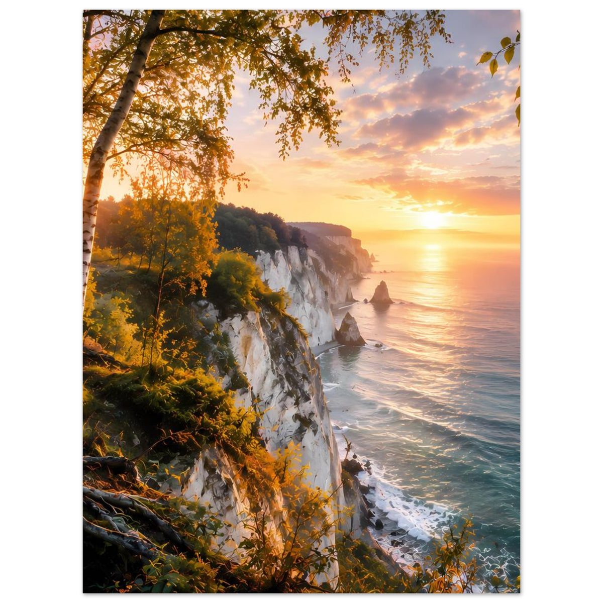 Poster mit Küstenklippe, Meer und Sonnenuntergang zwischen Bäumen