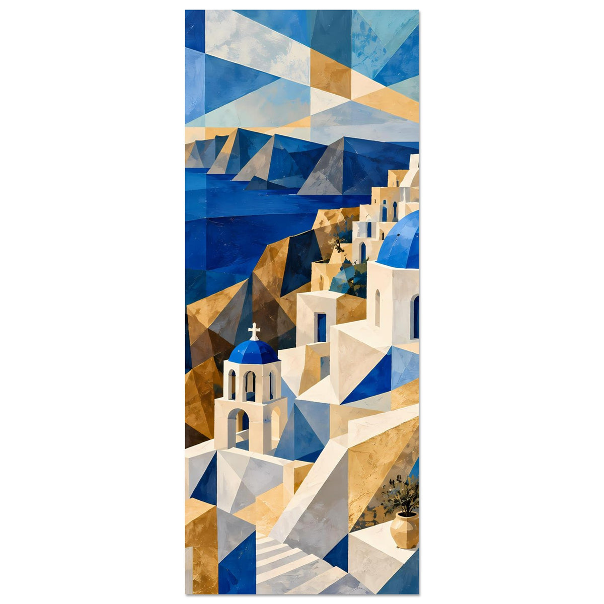 Schmales Hochformat-Poster: weiß-blaues Gebäudeensemble mit blauer Kuppel, blau-goldene Formen