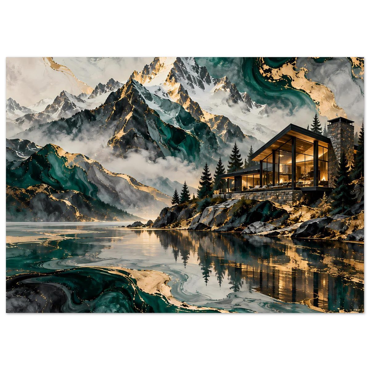Poster mit Alpenpanorama, verschneiten Gipfeln, türkisgrünen Wasserläufen und Goldlinien