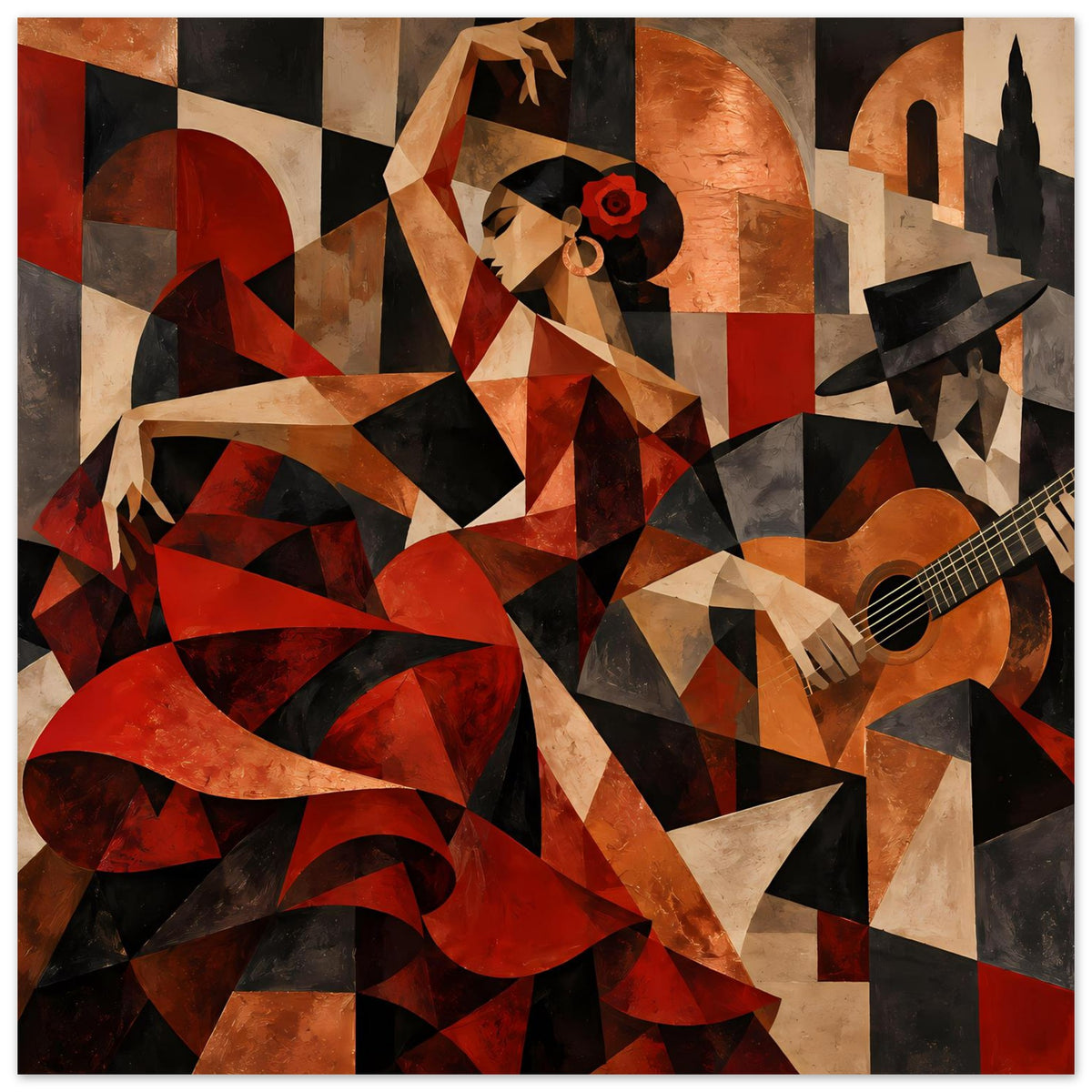 Kunstposter vertikal mit Flamenco-Tänzerin, rotem Fächer, Hut und Gitarre, kräftige Rot- und Braunmotive