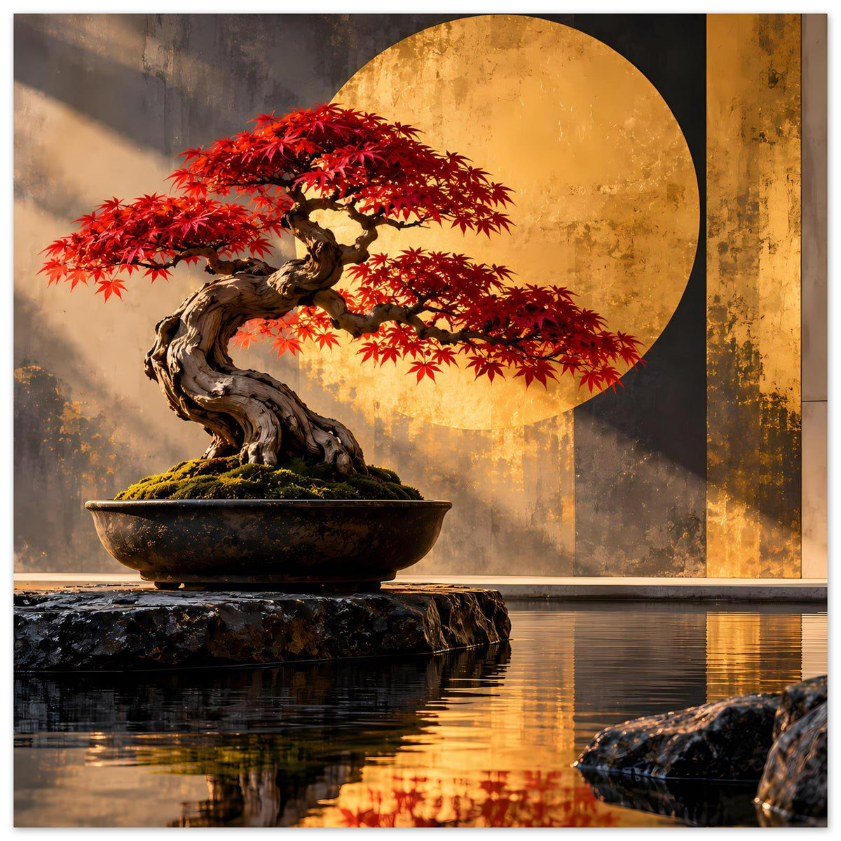 Bonsai-Poster: roter Ahorn auf gedrehtem Stamm, Schale auf dunklem Stein, Wasser darunter