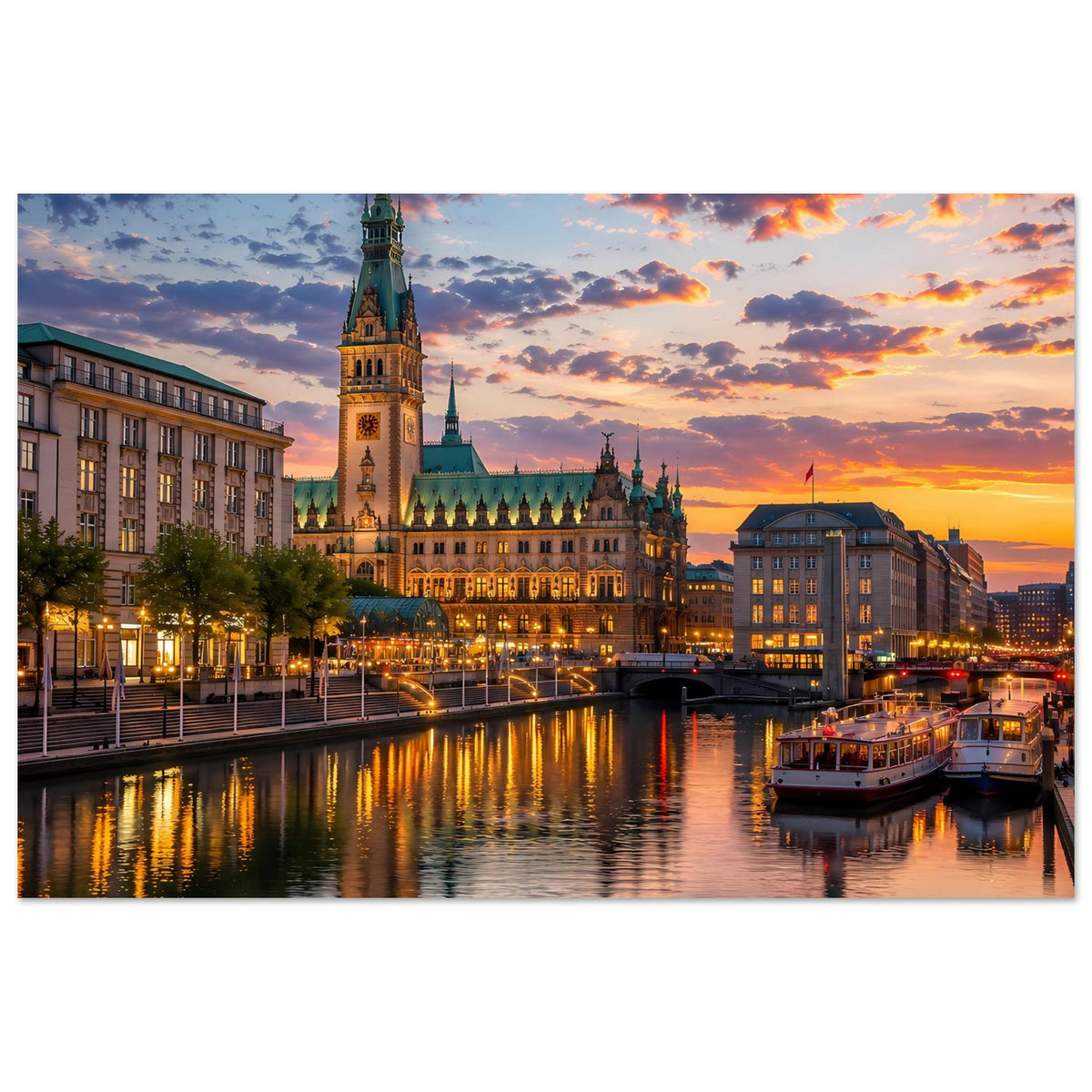Stadtansichten-Plakat mit zentralem Domturm, Uferpromenade und ruhigem Fluss bei Abendrot